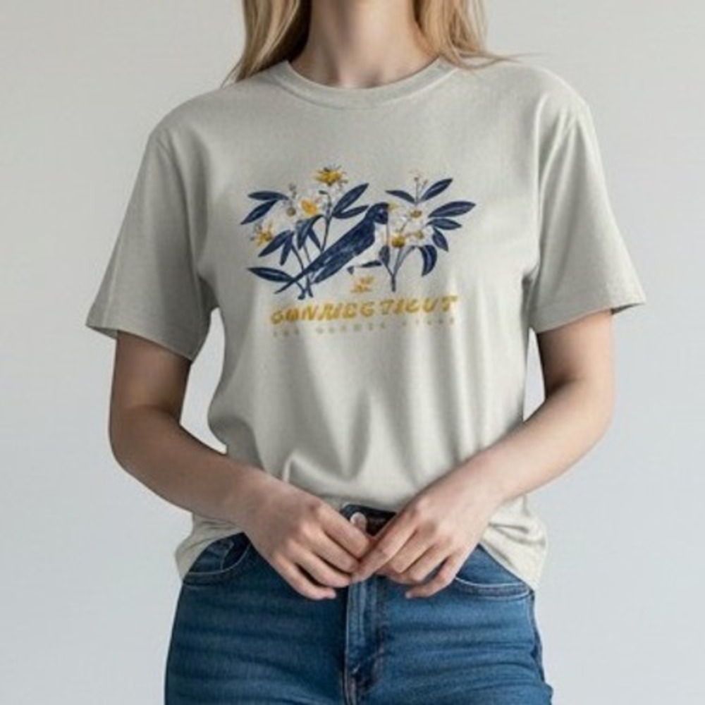 Hartford Prints Connecticut Graphic T-Shirt Women XS Beige Bird Floral Souvenir